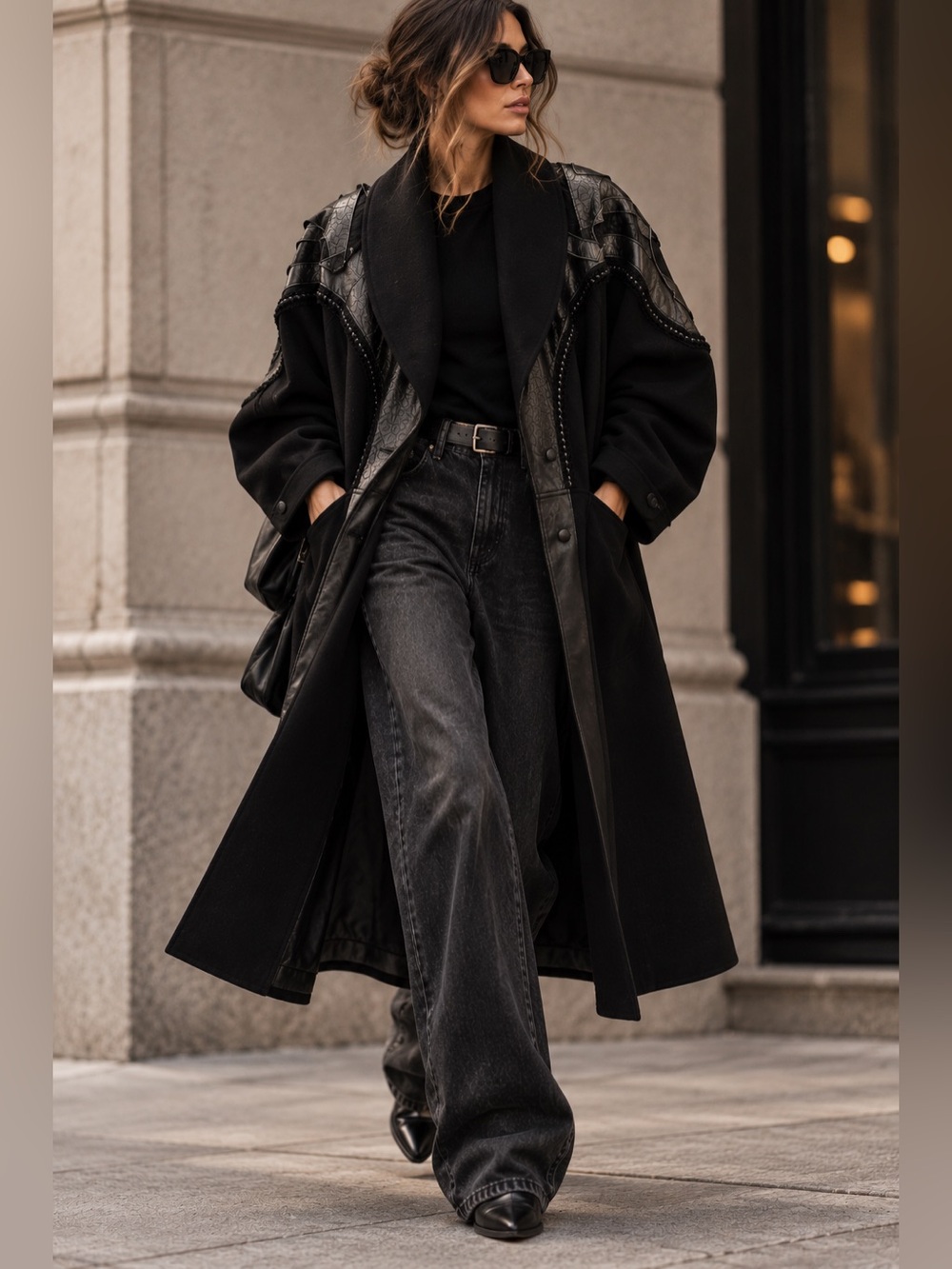 Vintage 80s Norma Wool Leather Patchwork Batwing Coat